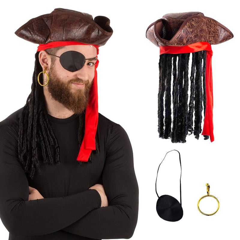 Tigerdoe Pirate Hat with Dreadlocks - Tricorn Hat - Caribbean Pirate Costume Accessories (3 Pc Set), Brown - Image 1